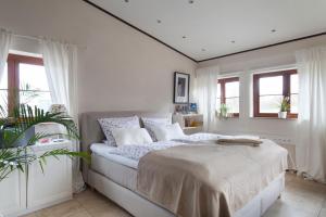 a bedroom with a bed with white walls and windows at Wilkenburger Pfarrscheune Hannover Hemmingen in Hemmingen