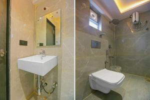 two pictures of a bathroom with a sink and a toilet at Super Hotel O Botcha Convection in Visakhapatnam