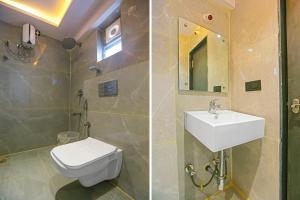 two pictures of a bathroom with a toilet and a sink at Super Hotel O Botcha Convection in Visakhapatnam