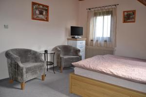 a bedroom with a bed and two chairs and a television at Pension Betty in Tábor