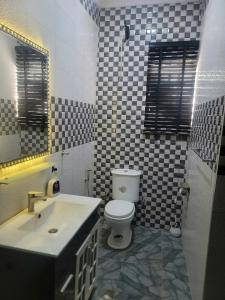 Magboro-AkeranにあるSonia Apartments Magboroの洗面台、トイレ、鏡のあるバスルーム +20枚の写真