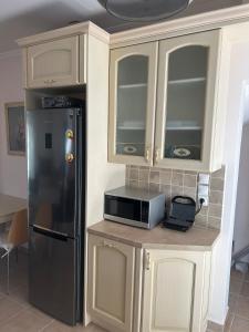 a kitchen with a microwave and a refrigerator at Thermos House Nydri in Nydri