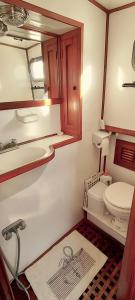 een badkamer met een toilet, een wastafel en een spiegel bij Barco 12 mts centro Cangas in Cangas de Morrazo