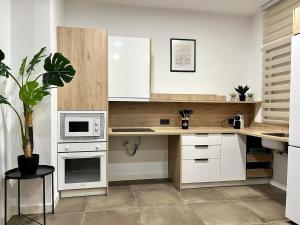 a kitchen with white cabinets and a table with a plant at New Víctor Villegas Auditorium y FICA AP2 in Murcia +35 photos