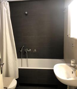a bathroom with a shower and a sink and a toilet at KadroVilla II in Nafplio