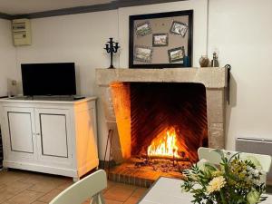a living room with a fireplace with a television at Maison de charme avec jardin, animaux acceptés, WiFi - FR-1-491-388 in Saint-Lubin-en-Vergonnois