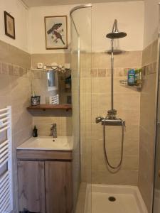 un baño con ducha y lavabo en Maisonette Plage, en La Ciotat