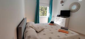 a bedroom with a bed and a television and a mirror at Appartamento Baia Pitrizza vista mare in Liscia di Vacca