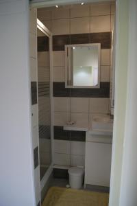 La salle de bains est pourvue de toilettes, d'un lavabo et d'un miroir. dans l'établissement Simple Asile, à Mers-les-Bains