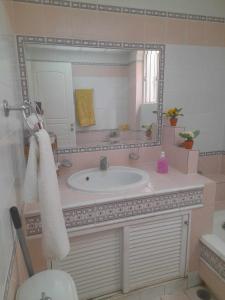 a bathroom with a sink and a large mirror at Cozy Christina in Skala Oropou +59 photos
