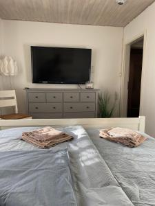 Geibel-Haus Bungalow Sunset bis 4 Personen في نيندورف: غرفة نوم مع تلفزيون بشاشة مسطحة وسرير