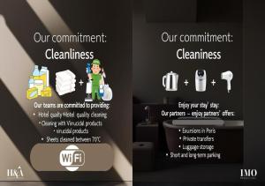 a bathroom with a sign that says our commitment to cleanliness at Cosy and Modern near Champs-Élysées - Arc de Triomphe in Paris