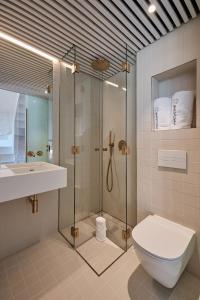 ein Badezimmer mit Dusche, Toilette und Waschbecken in der Unterkunft Hotel Gaio 7 in Santiago de Compostela + 34 Fotos