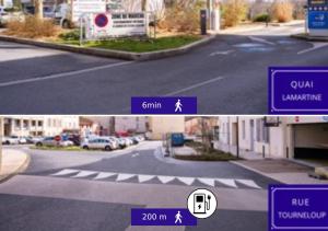 two pictures of an empty street with a crosswalk at Studio cosy au cœur du centre ville in Mâcon