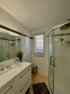 a bathroom with a sink and a shower at Maison tout confort au calme idéal famille 4ESTGNT7 in Le Barcarès