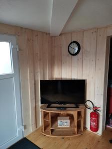 a living room with a television on a wooden wall at Ferienhaus Mühlberg 4 in Braunschwende