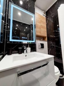 une salle de bain avec un lavabo et un miroir et des toilettes dans l'établissement Camden Flat Walk In Shower, Smart Tv, Queen Bed, à Someşeni