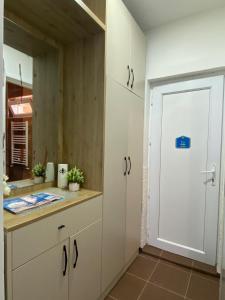 a kitchen with a white cabinet and a door at Apartmani AVLIJA in Ribare +20 photos