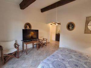 a living room with a television and a table and chairs at La Bergerie in Saint-Raphaël