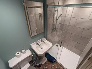 une salle de bains avec douche, toilettes et lavabo dans l'établissement Bandroom Cottage, à Kirkby Stephen