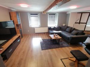 a living room with a couch and a tv at Ferienhaus Memleben in Memleben