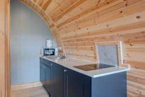 a kitchen with a sink and a wooden wall at Wyke Lodges - Pod 2 in Guisborough