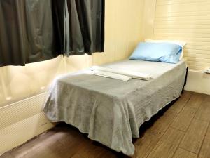 a small bed with a blue pillow in a room at Hotel Tucano in Inocência
