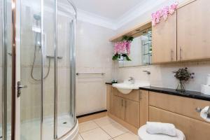 Un baño con ducha, inodoro y lavabo. en Cosy Studio Apartment Town Centre Location, en Middlesbrough
