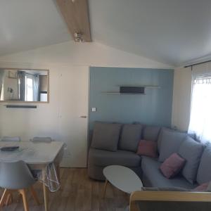 サン・ジャン・ド・モンにあるMobil-home Saint Jean de montのソファとテーブルのあるリビングルーム