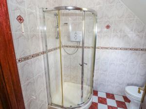 a shower stall in a bathroom with a toilet at Kates Cottage in Clonbur +20 photos