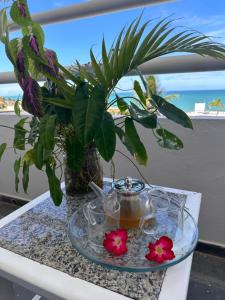 a glass table with a potted plant on a balcony at Bela Vista Praia Hotel in Natal
