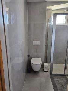 łazienka z białą toaletą i prysznicem w obiekcie Apartman ENA w Sarajewie +14 zdjęć