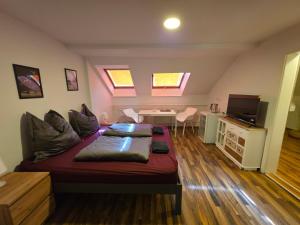 a room with a bed and a table in it at Hotel New Town in Dresden