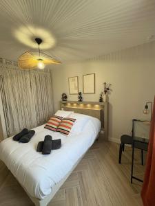 a bedroom with a large white bed with two pillows at Maison Aiméo en Camargue in Arles
