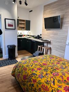 a bedroom with a bed with a colorful blanket at Ground Floor Studio Apartment in Burnham on Crouch