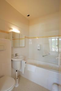 a bathroom with a toilet and a tub and a sink at Hotel Des Arts in Puybrun