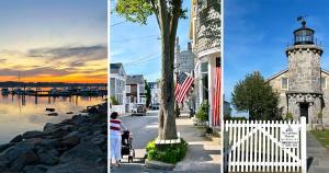 a collage of two pictures of a lighthouse at The Captains Perch in Stonington