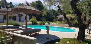 a swimming pool with a statue next to a house at Gîte Ti-Case in Bussac-Forêt