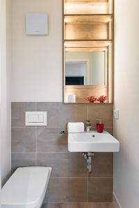 a bathroom with a sink and a mirror at Hafenliebe- Sauna, Steg, Hafenblick, Kamin, Terrasse in Olpenitz