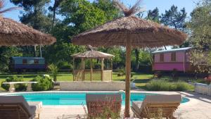 a swimming pool with twoiki umbrellas and chairs next to a swimming pool at Gîte Ti-Case in Bussac-Forêt