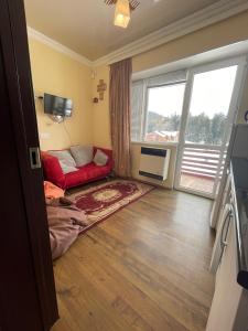 Una sala de estar con un sofá rojo y una gran ventana. en Mziuri Velli, en Bakuriani