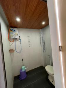 a small bathroom with a toilet and a shower at cabin view gunung in Kejajar