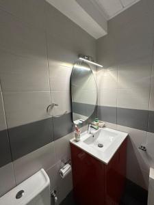 a bathroom with a sink and a mirror and a toilet at Kytheros in Potamós +8 photos
