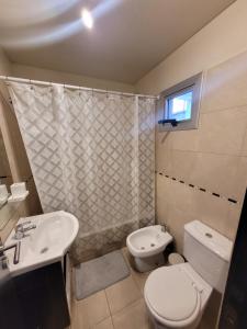 a bathroom with a toilet and a sink and a shower at Monoambiente13 Zona Catedral by Lofter in La Plata