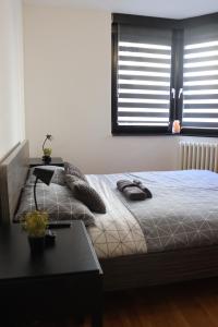 Un dormitorio con una cama con una mesa y una ventana. en Štadler's Corner, en Sarajevo