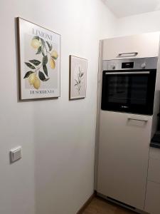 a kitchen with a refrigerator and a picture on the wall at Zentrale Wohlfühloase mit Parkplatz in Osnabrück +10 photos