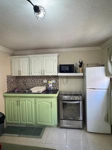 a kitchen with green cabinets and a white refrigerator at Westview 4 in Saint James