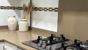 cocina con fogones y jarrón en Beach Room Valencia, NETFLIX, 4 mins walk to the beach, en Valencia