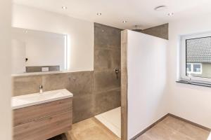 a bathroom with a sink and a mirror at Ferienwohnung Eifelhöhe Reger in Hellenthal
