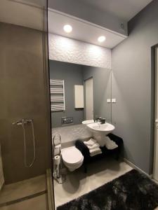a bathroom with a sink and a toilet and a shower at LY Studio Pipera in Voluntari
